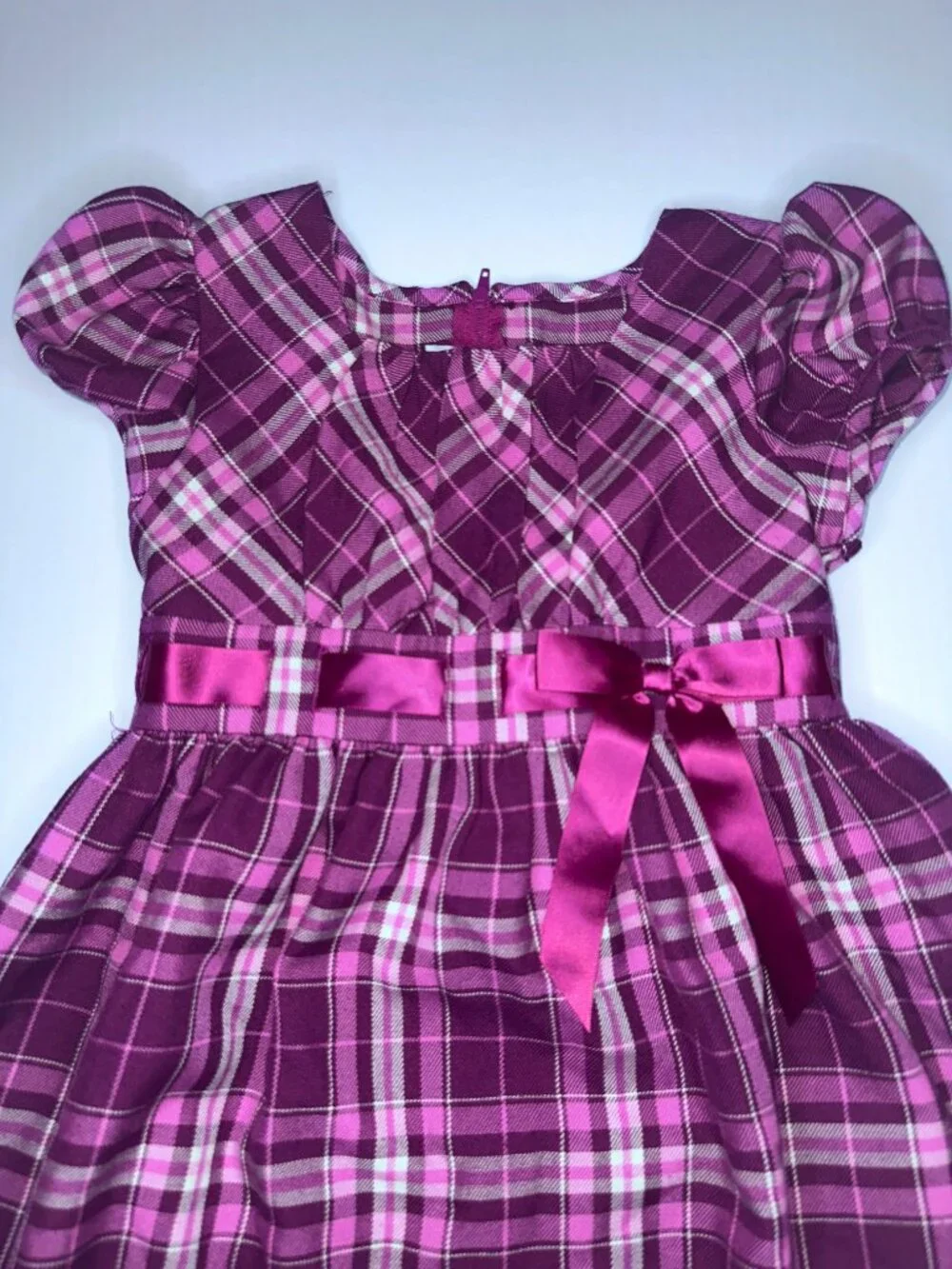 BONNIE JEAN SIZE 6X Pink & Burgundy PLAID soft dress ribbon PUFF SLEEVE DRESS